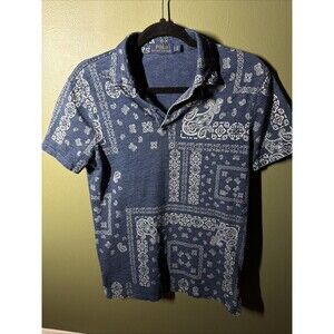 Polo Ralph Lauren Bandana Paisley Print Indigo Polo Shirt Mens Small Blue Dyed